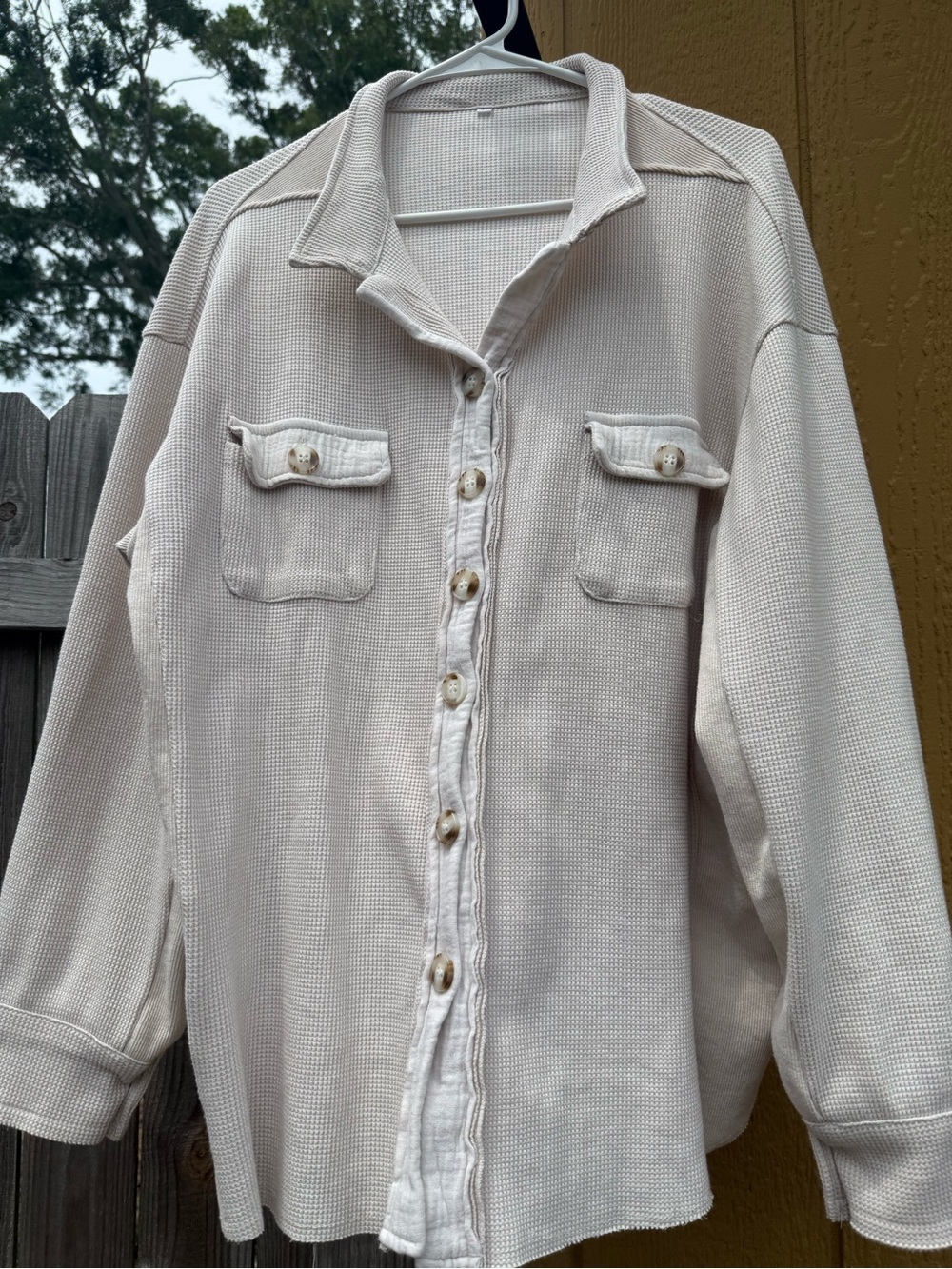 Beige Button-Front Waffle Knit Jacket